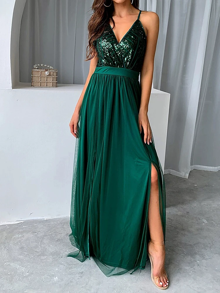 Fashion Split Splicing Slim Long Dress Elegant Wrap Hip V-neck Suspender Dress Women's Sexy Sleeveless Hight Waist Green Dress