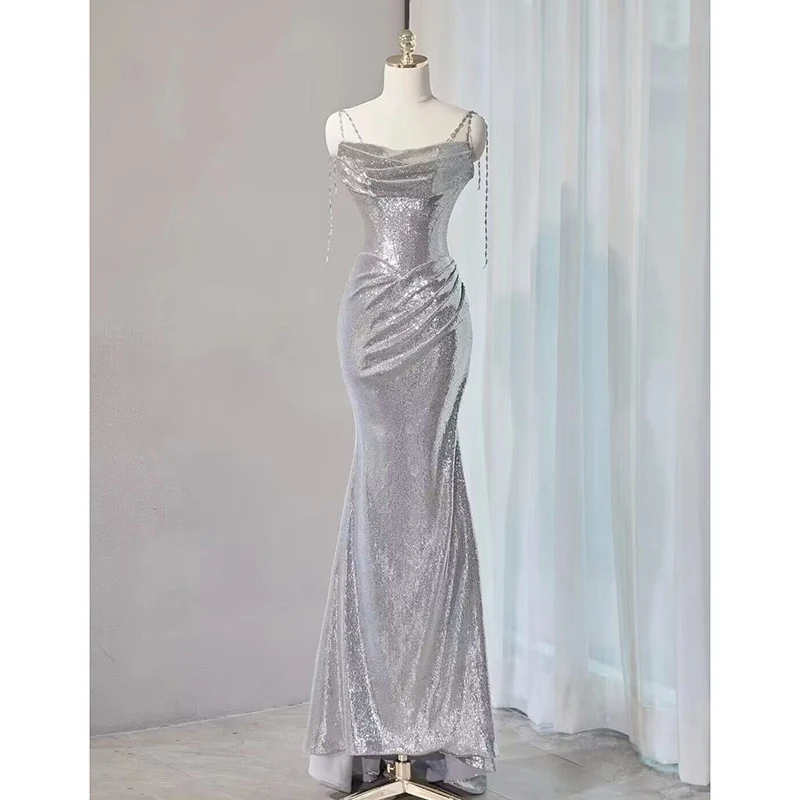 

Серебряное вечернее платье с пайетками и бретелями, женское, новинка 2025 года, элитное, для бала, с эффектом «рыбий хвост», сексуальное, с завышенной талией