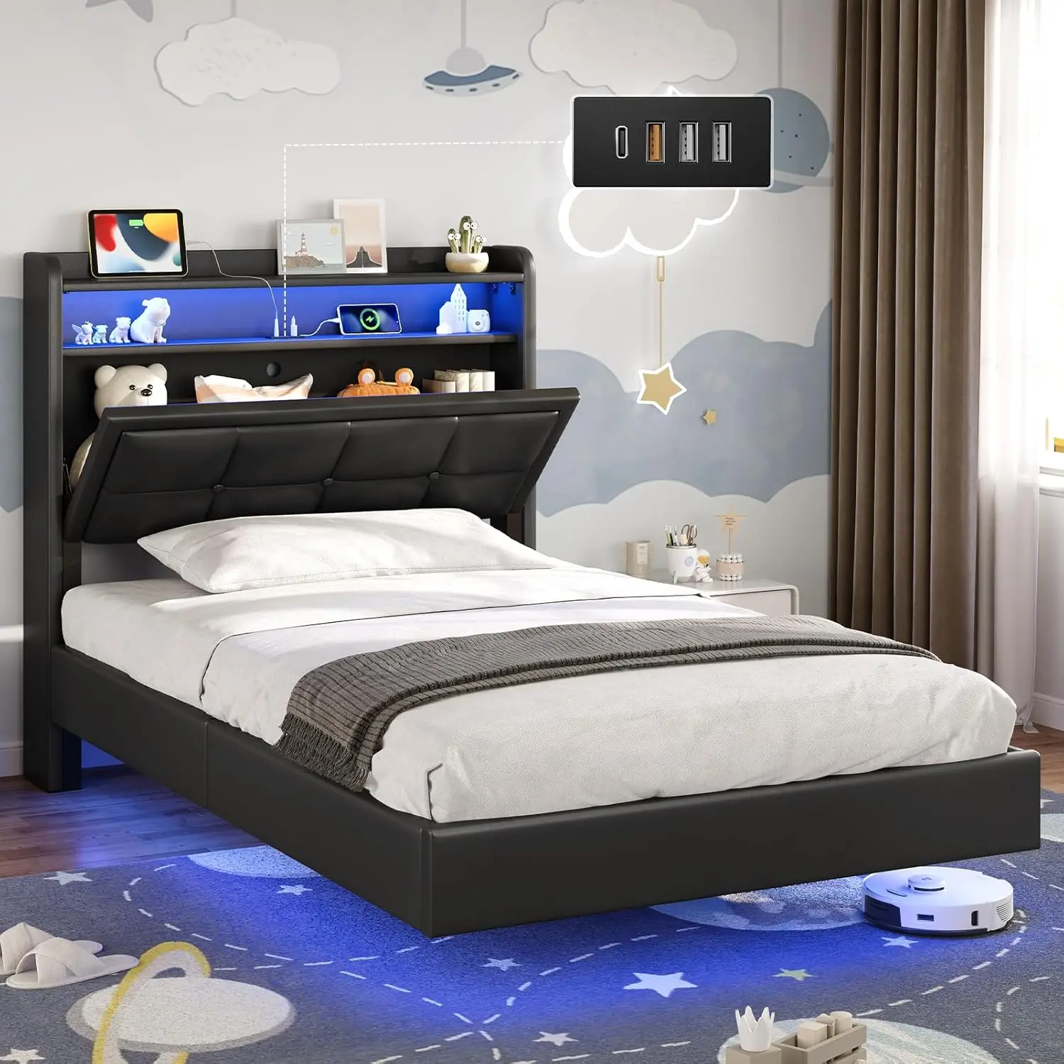

Floating Bed Frame Twin Size with Storage Headboard,Upholstered Leather Black Led Twin Bed Frame with Charging, Customized
