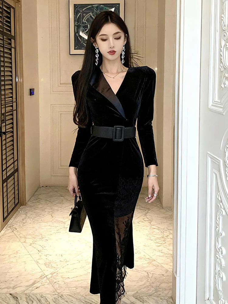 Novo outono inverno feminino cinto de veludo preto renda decoração vestido blazer colarinho bodycon fino robe senhoras elegante escritório namoro vestidos