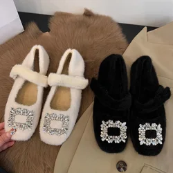 Luxury Crystal Square Buckle Fur Ballet Flats Woman Winter Warm Plush Mary Janes Ladies Brand Design Elegant Furry Party Shoes