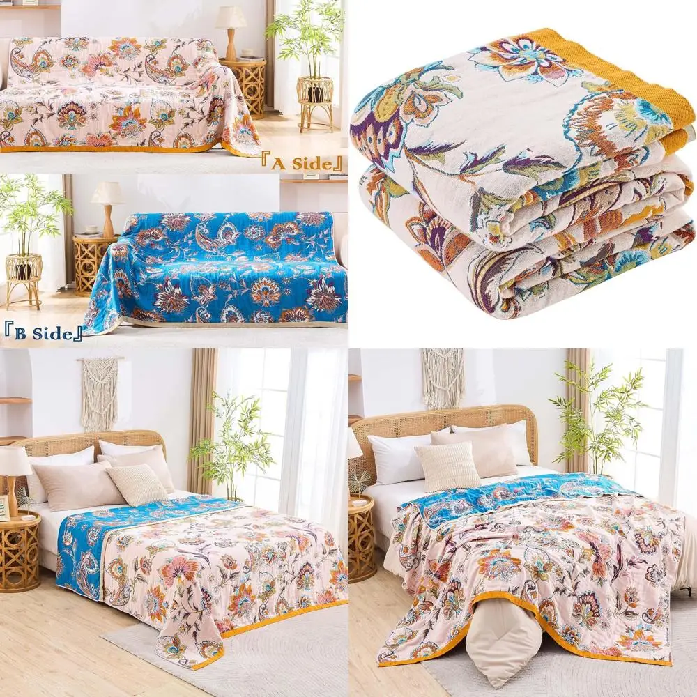 

Cozy Bohemian Cotton Quilt, 80x90 Floral Print, Reversible Fall Bed Blanket, All-Season Soft Rustic Throw