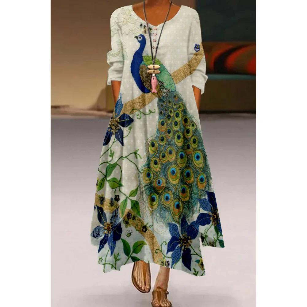 

Harajuku Peacock Print Floral Dress Long Hobo Long Dress Women Fashion Retro Ladies Casual Vestido Sexy Evening Party Dresses