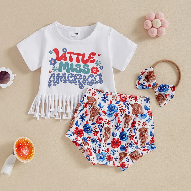 4th of July Baby Girl Outfits Letter Print Tassel Short Sleeve T-Shirt Shorts Headband Set Fourth of July Outfit