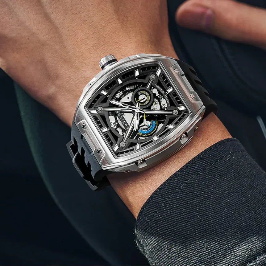 PONIGER Men Automatic Watch 46mm Tonneau Mechanical Wristwatch Sapphire Luminous 5ATM Skeleton Small Second Dial