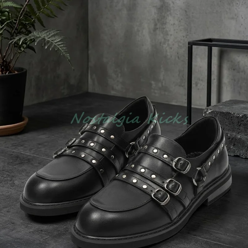 Mens Punk Studded Buckle Strap Shoes Black Gothic Rock Monk Loafers Chunky Low Heel Dress Brogue Derby Casual Clubwear Footwear