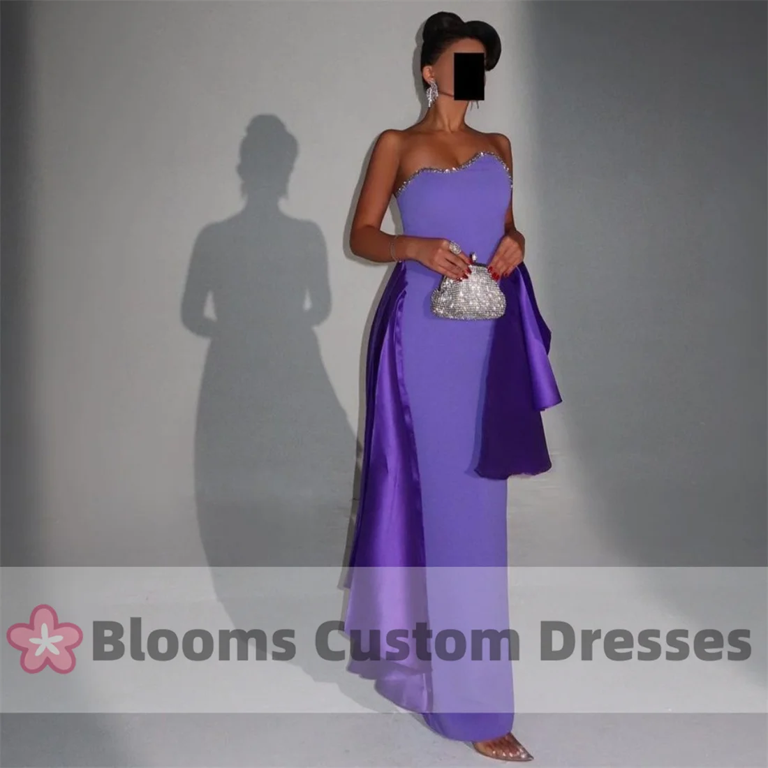 Blooms Purple Customized Shiny Decor Evening Dresses Sleeveless Back Slit Chic Neckline Formal Occasion Wedding Prom Dress