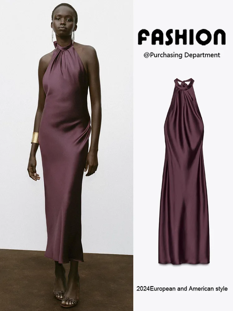 

Sexy Bal Silk Satin Midi Dr ZA2025 Summer New Women's Faionable Hollow out Neline Long Sve High Waist Gown