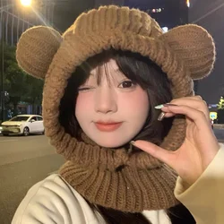 Cartoon Bear Women Hooded Beanies Winter Warm Ear Protection Scarf Cap Korean Solid Wool Knitted Hat Outdoor Windproof Headgear