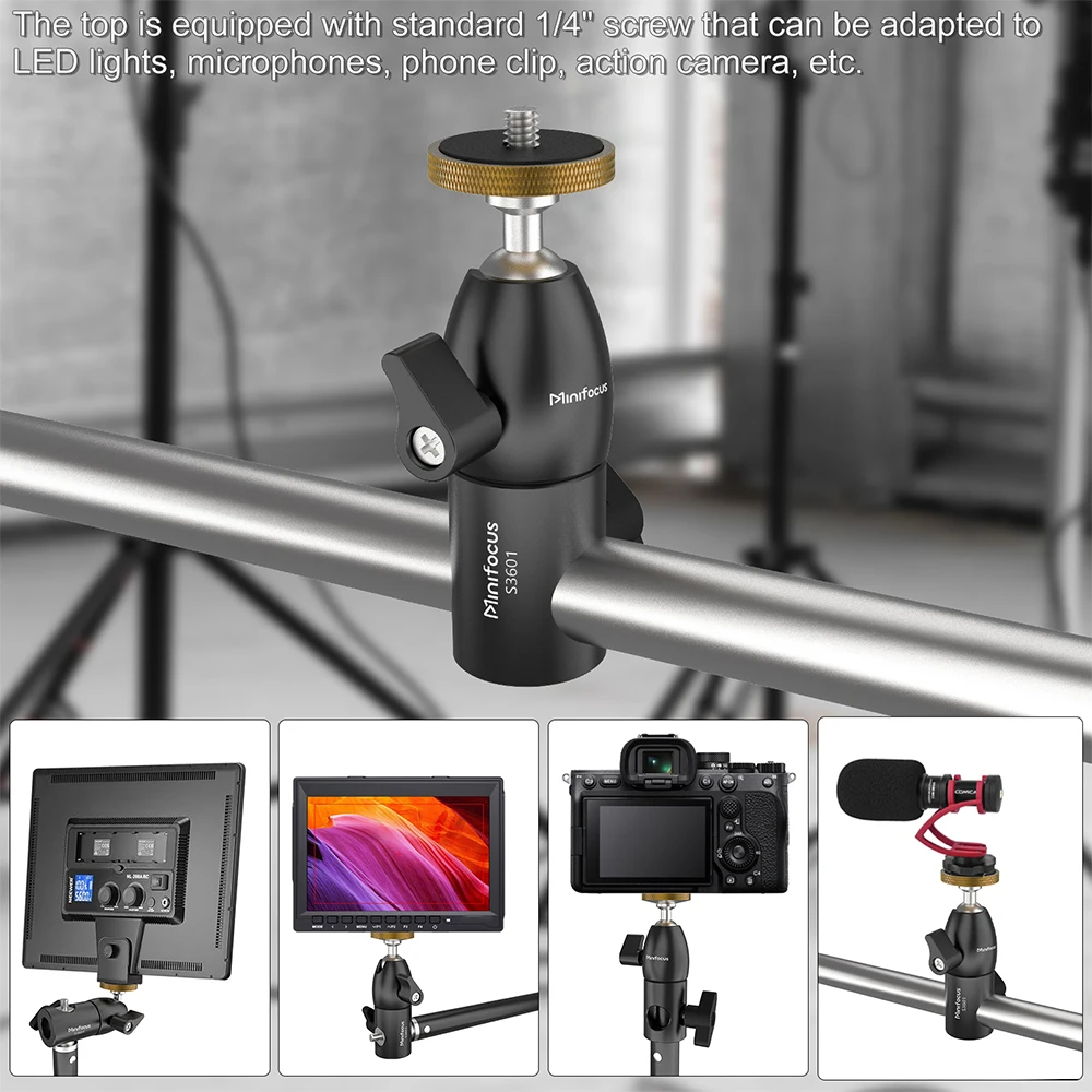 Minifocus Light Stand Mount Adapter 1/4 Screw Mini Ball Head for Camera Monitor Ring Light Flat Head Light Stand/Boom arm/C Stan