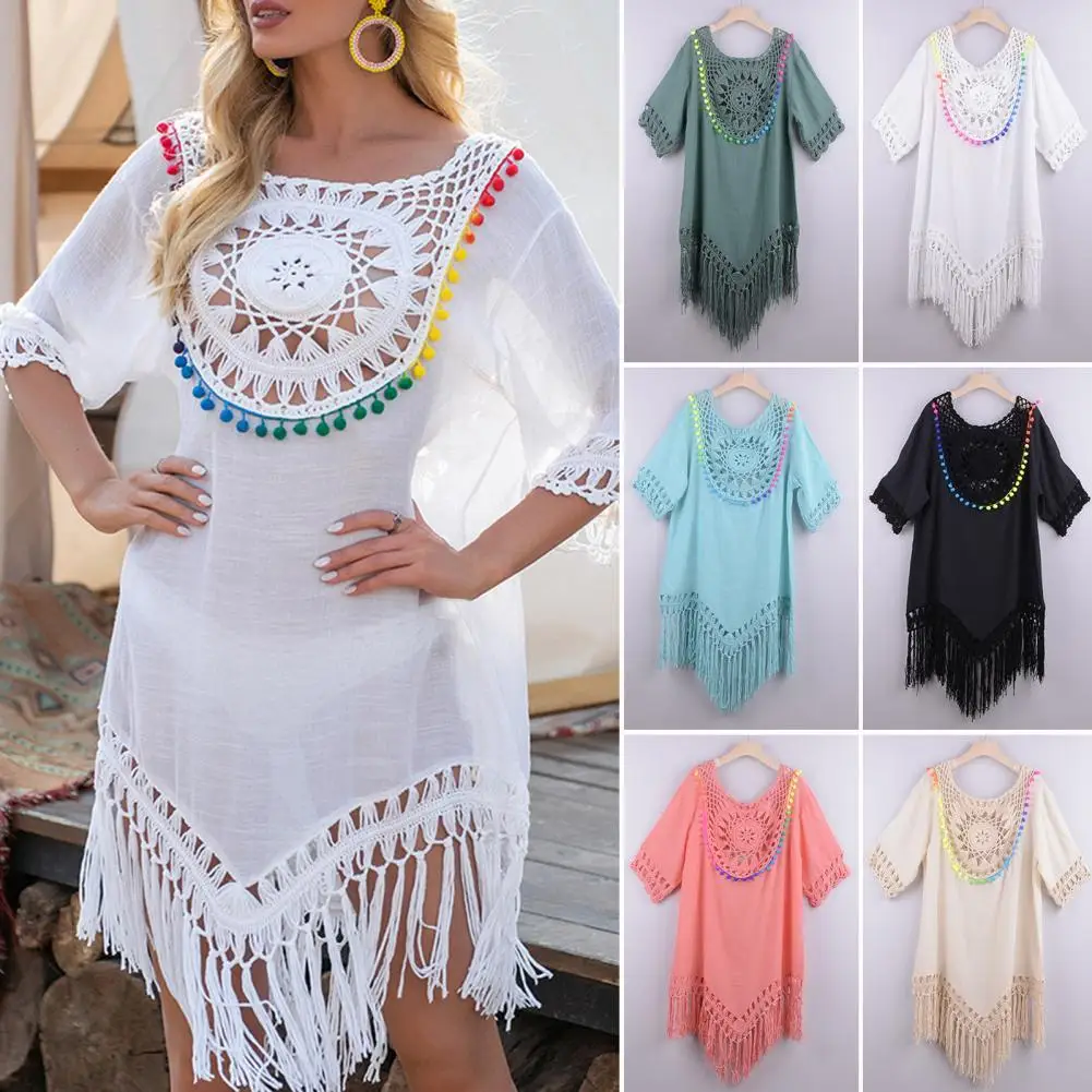 

Bikini Cover Up Hollow Out Tassels Summer Loose-fitting Sun Protection Swimwear Tunic for Beach