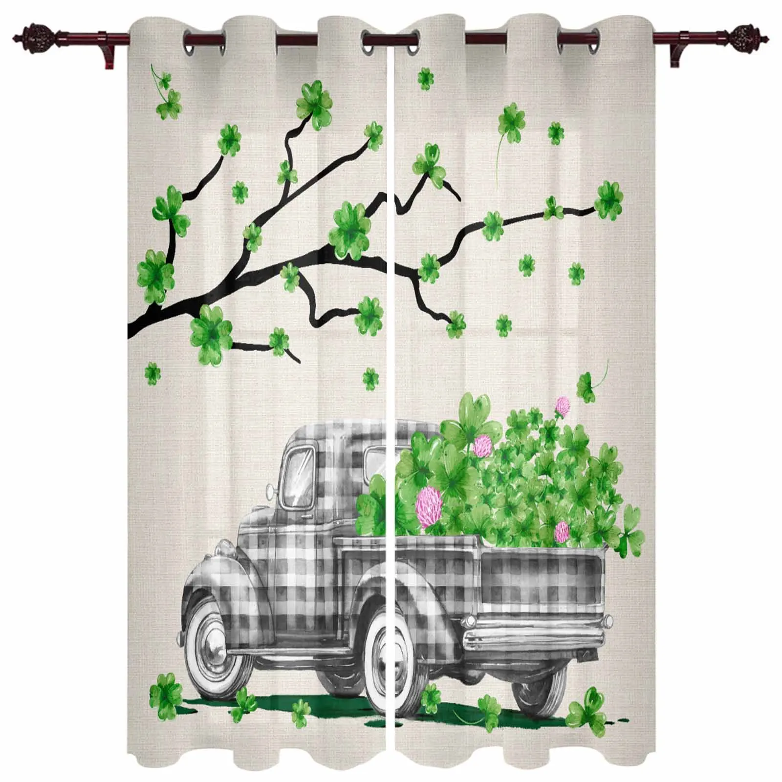 St. Patrick'S Day Checkered Truck Clover Branch Grommet Curtains for Bedroom Living Room Home Decor Window Treatments Drapes