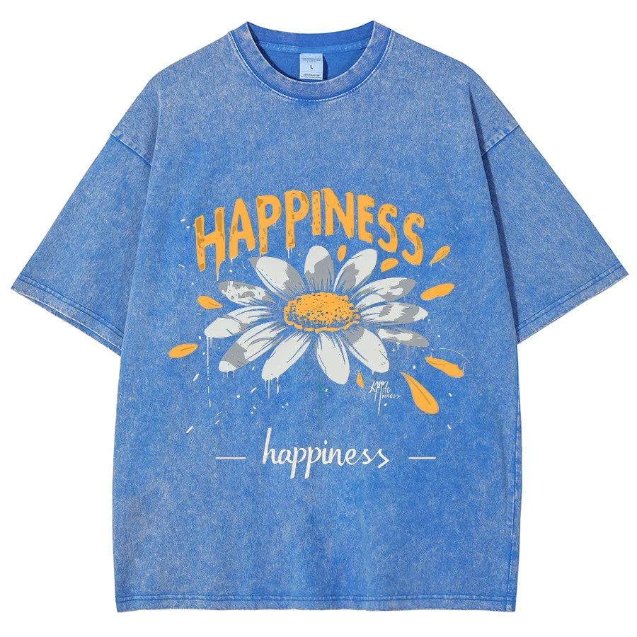 

Graphic Tee Daisy Print Bring Happiness Short Sleeved Unisex Fit Washed Oversized T-Shirt Overseas Export 15 Colors Streetwear