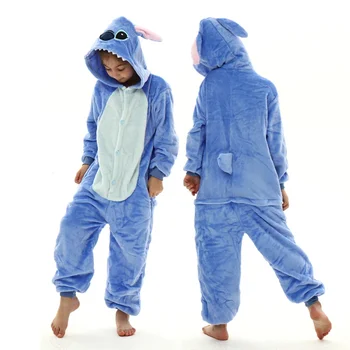 Disney Lilo & Stitch One-Piece Pajamas Children Cartoon Plush Kigurumi Onesies Winter Warm Clothes for Boys Girls Christmas Gift