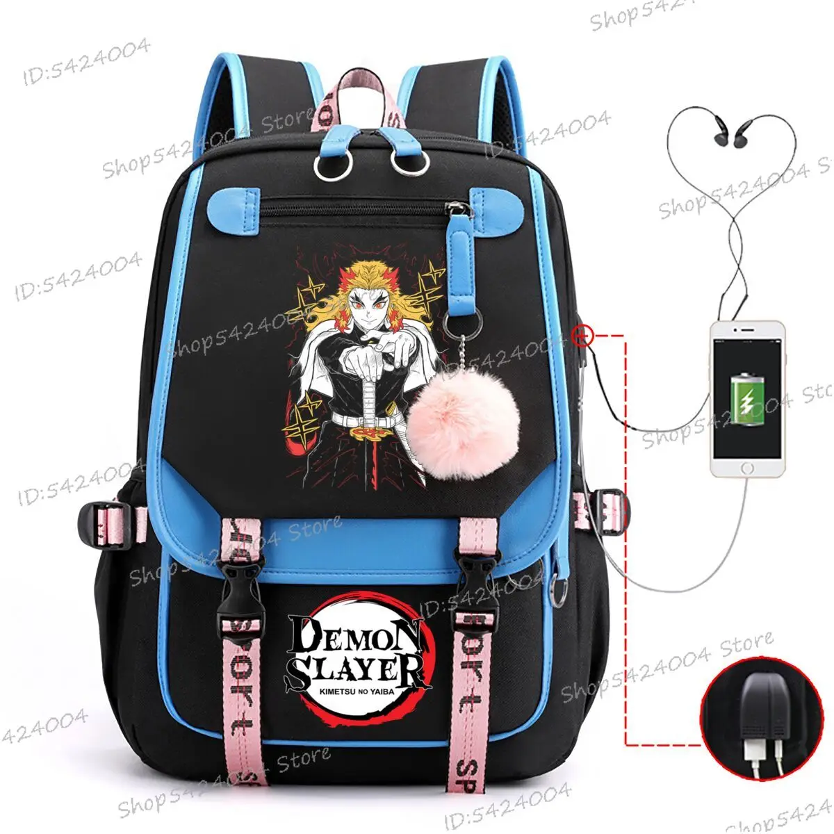 Harajuku Rengoku Kyoujurou Zaino scolastico anime per adolescenti Demon Slayer Bookbag Porta USB Studente Viaggio Comic Bagpack