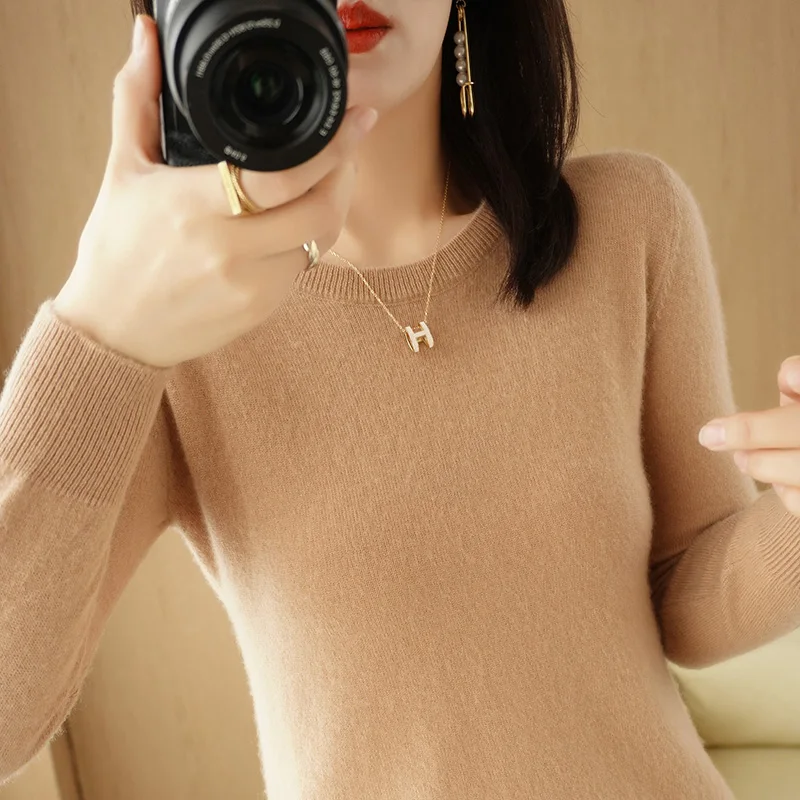 

2023 Autumn And Winter New Woolen Sweater Women's Solid Color Pullover Round Neck Sweater Bottoming And Wearing Wild Sweater