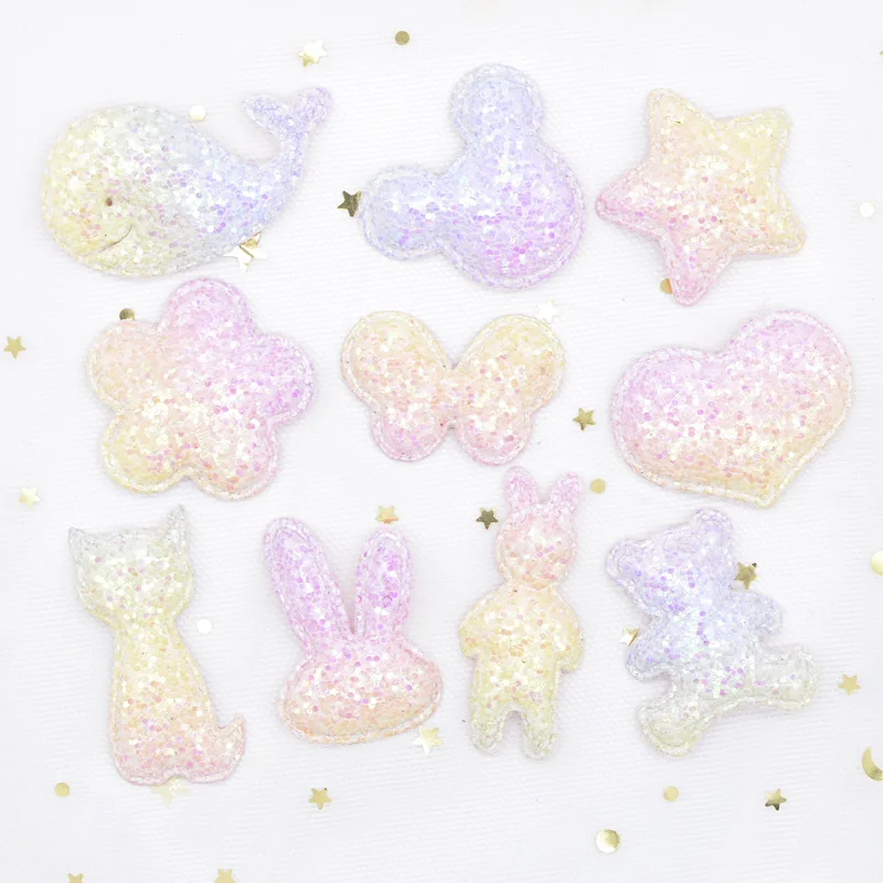 10pcs Glitter Fabric Applique Butterfly Mouse Star Flower Heart Rabbit Bear Cat Fish Baby Patches for DIY Hair Clips Decor