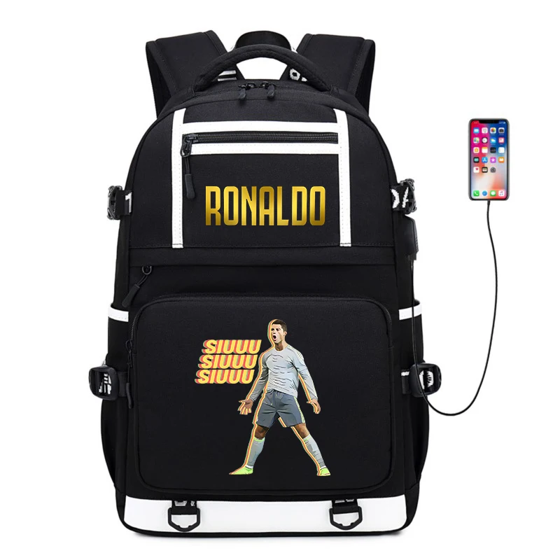 Ronaldo printed student schoolbag campus children's backpack youth outdoor travel bag black casual bag