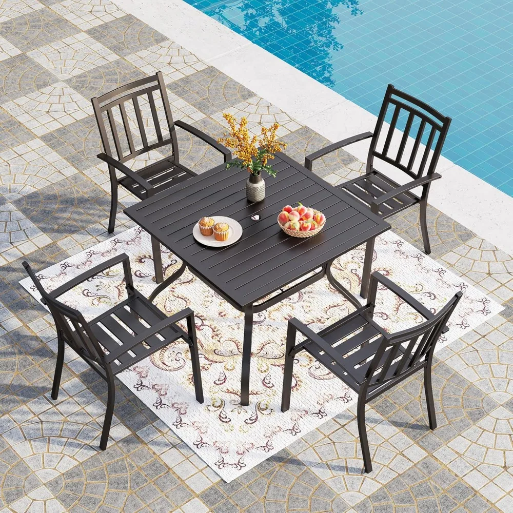 5-Piece Outdoor Dining Set, 4 Steel Metal Stackable Patio Chairs & 1 Square Dining Table, Fence Pattern Back, Black