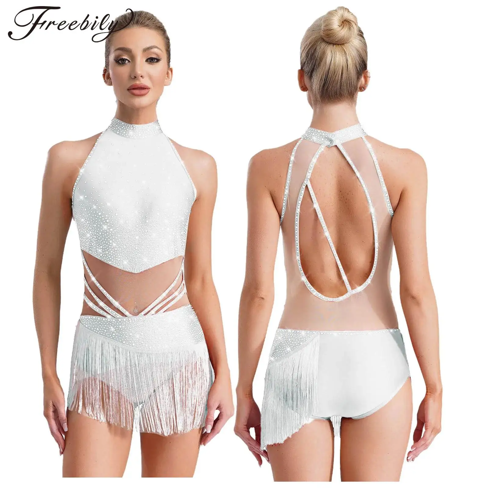 Body de patinaje artístico para mujer, vestido de baile de Jazz latino, disfraz de gimnasia Cha-cha, leotardo sin mangas con borlas de malla y diamantes de imitación