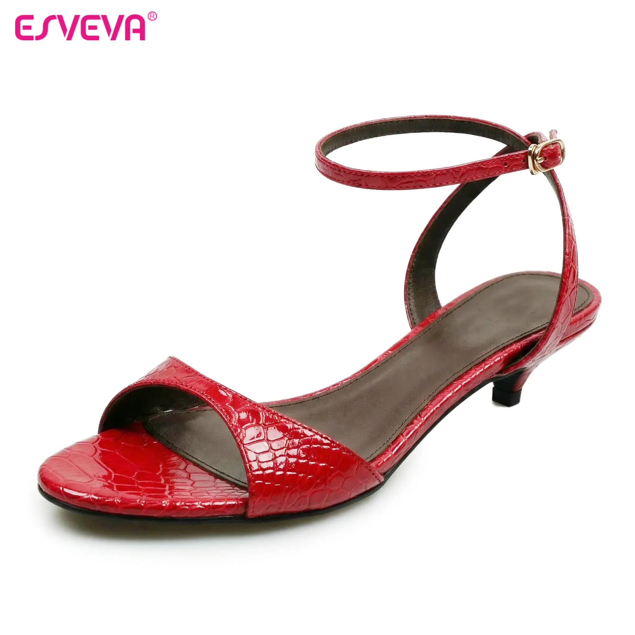 

ESVEVA Fashion Summer Sandals Slingbacks Women Mid Heels Open Toe Pumps Shoes Ankle Strap Leather Snakeskin Shoes Dress 34-43