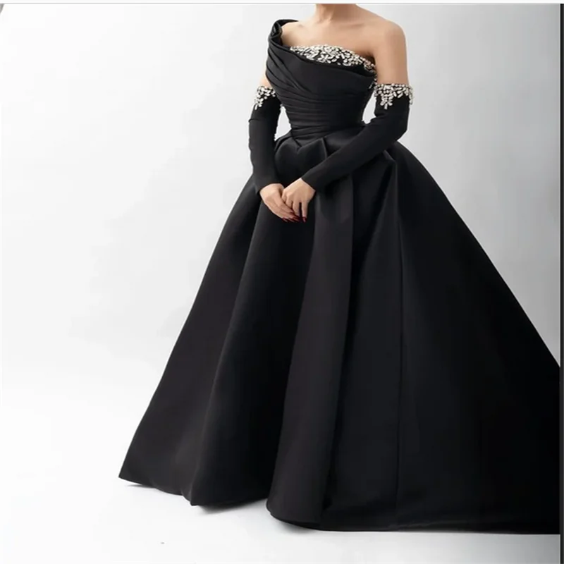 Black Satin Beaded Robes De Soirée One Shoulder A-line Prom Dresses Customized Long Sleeves Floor-length Elegant Wedding Dress