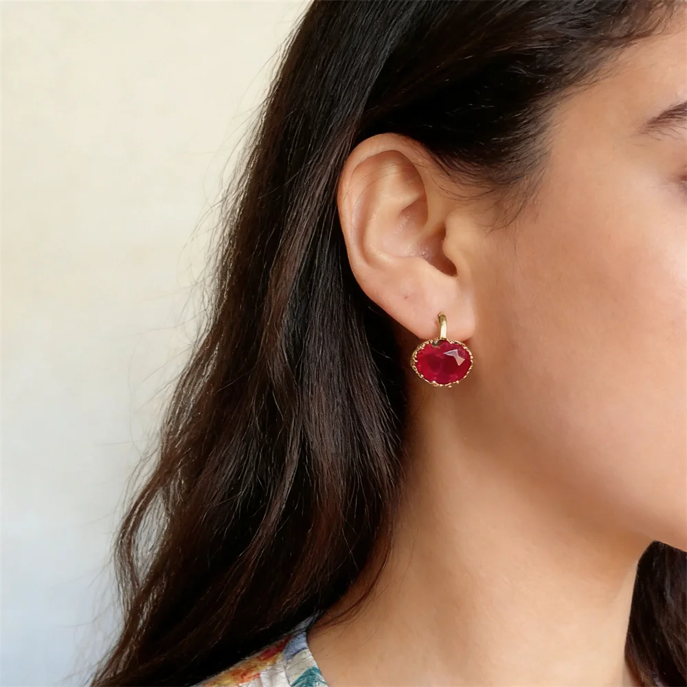 Pendientes de aro pequeños con piedra ovalada para mujer y niña, chapado en Color dorado clásico, verde, fucsia, rojo, champán, joyería elegante para fiesta