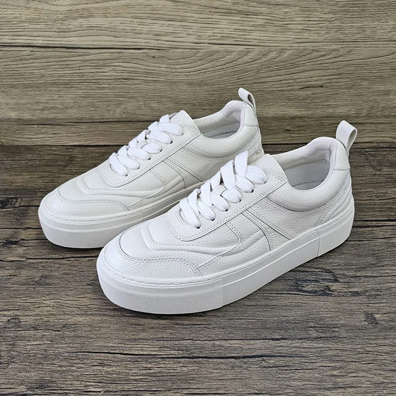 2024 Women New Fashion Lacing Round Head Flat Thick Sole Sneaker Solid Versatile Casual Simple White Shoes Female Chic