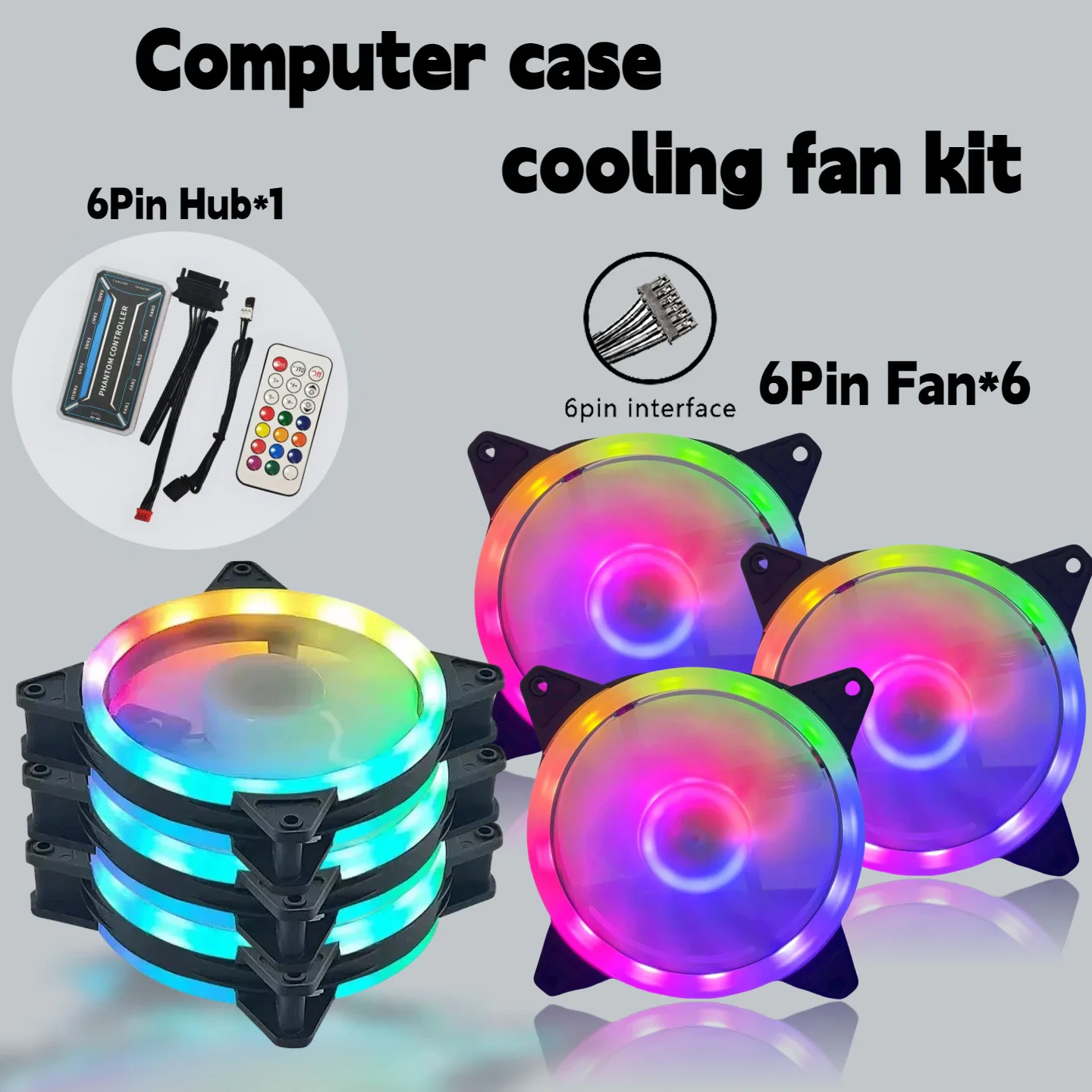 6-pin RGB computer case cooling fan kit, paired with 6-pin cooling fan hub with remote control (battery not included)