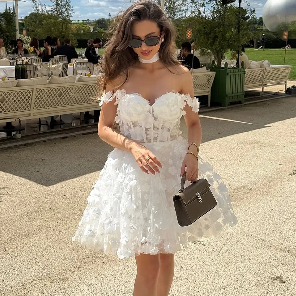 Charming Wedding Dresses Women Tulle A-line Wedding Party Dresses Ivory Off-the-shoulder Applique Ruched Fishbone Wedding Dress