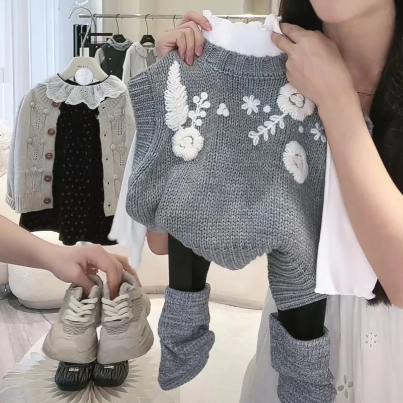مجموعة النمط الكوري للربيع والخريف لعام 01-2025 للأطفال، سترة محبوكة رمادية أنيقة، سراويل ضيقة للفتيات الصغيرات، كاجوال