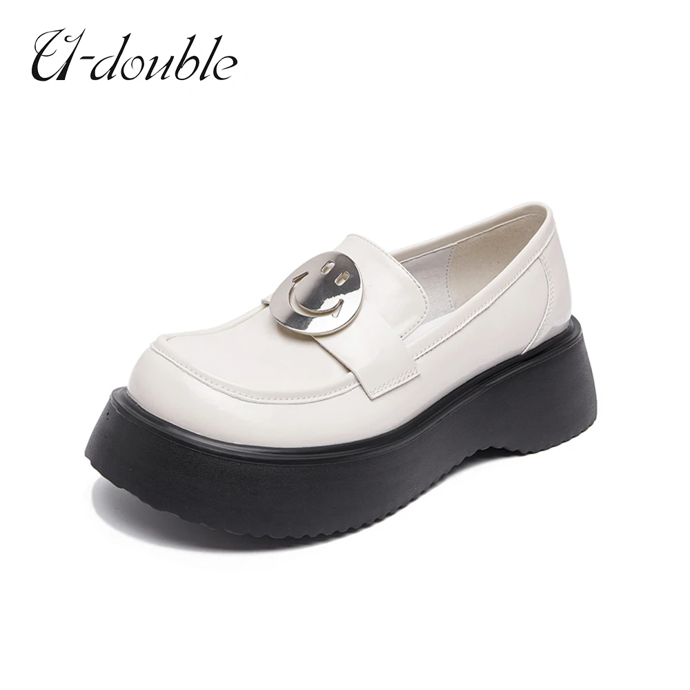 

U-DOUBLE Fashion Women Genuine Leather Platform New Loefers Shoes Pumps Metal Smile Decoration British Style Thick Sole Shoes