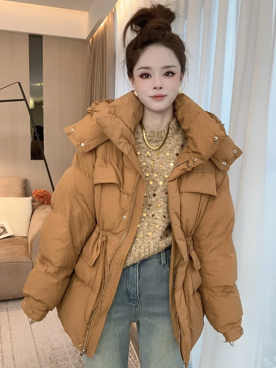 

Women's Short Puffer Jacket Winter 2023 Drawstring Waist Slimming Hooded Thick White Duck down Coat Stylish Commute Style