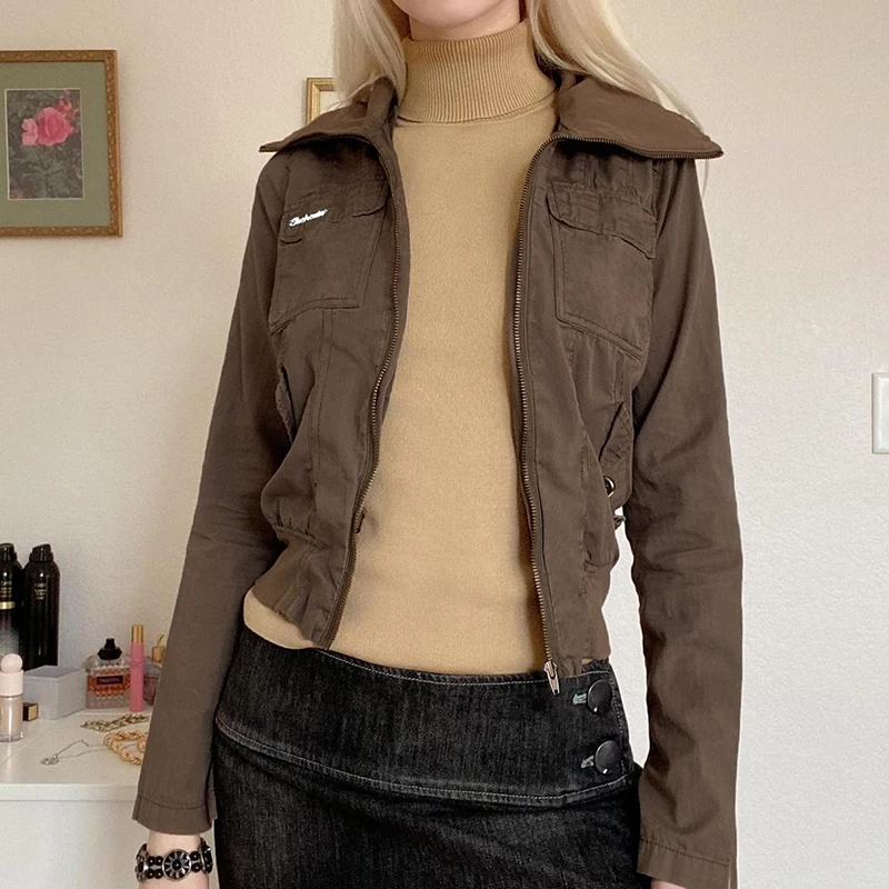 CIBBAR Vintage y2k Cargo Jacket Women Full Zip Up Long Sleeve Pockets Cropped Jackets Autumn Korean Fashion Coats Streetwear 90s