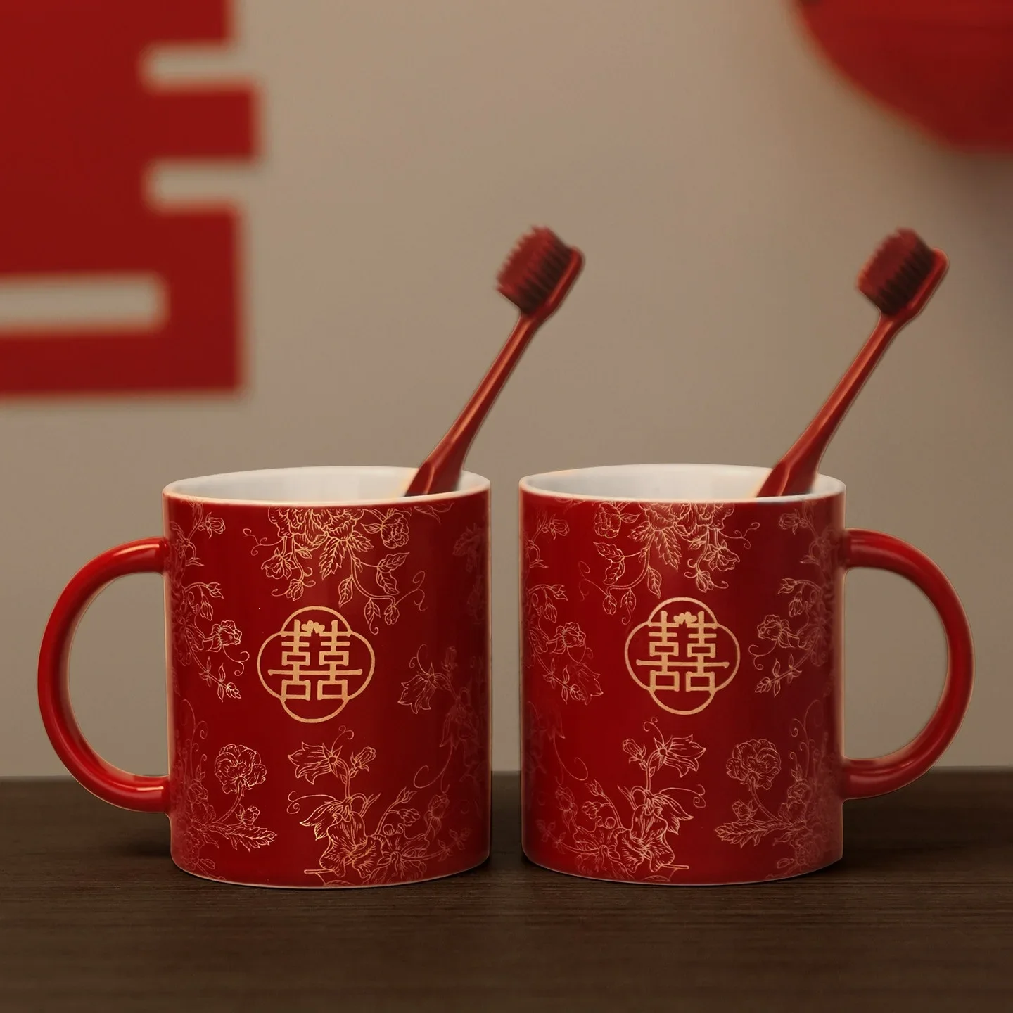 DSA wedding washing cup set, woman's dowry happy cup, wedding newlywed couple, a pair of red ceramic mouth cups and tooth cups