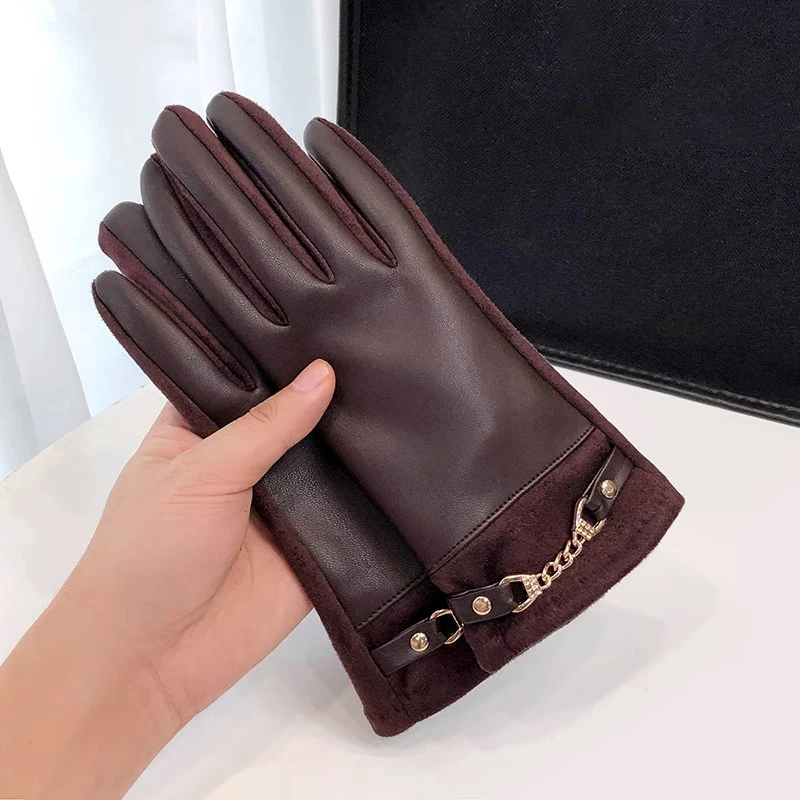 الشتاء النساء الفاخرة الأنيقة سلسلة الموضة البروتين الجلود رشاقته قفازات دافئة شاشة تعمل باللمس الدراجات القيادة يندبروف القفازات