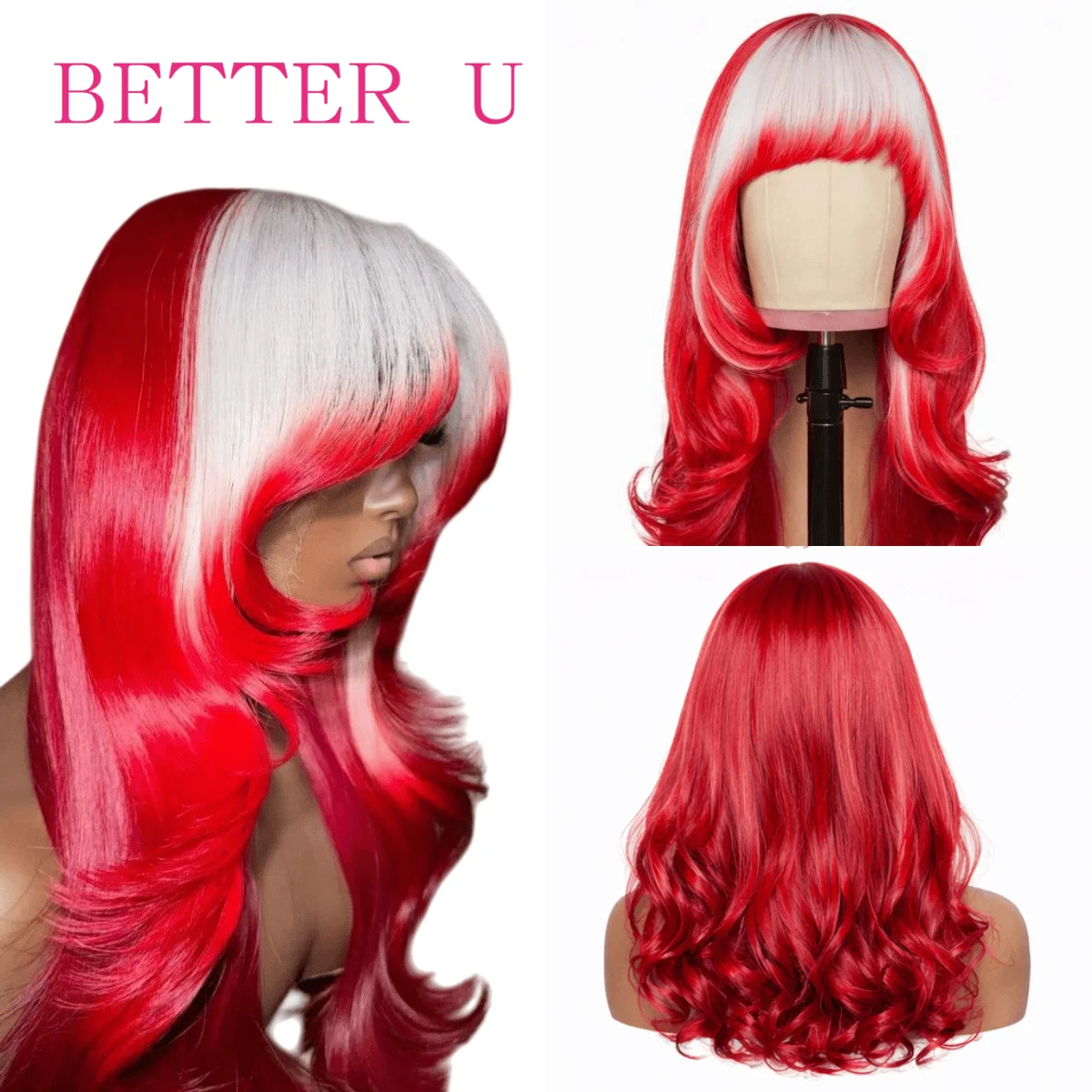 

30 Inch Red White Ombre Straight Human Hair Wig with Bangs for Women 13x4 13x6 Lace Front Wig Pre-Plucking Brazilian Virgin Hair