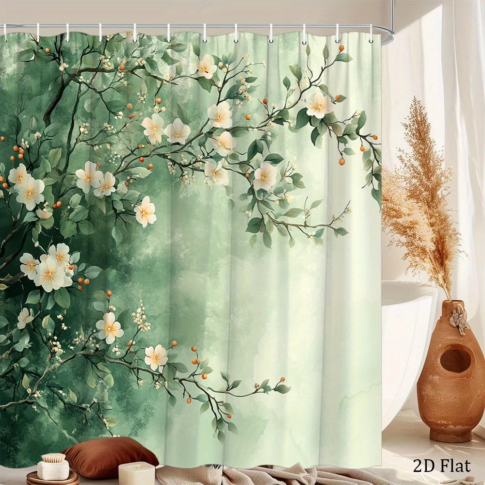 1pc Watercolor Botanical Shower Curtain - Lush Green Vine with White Flowers & Orange Berries Design, Durable Polyester Fabric,