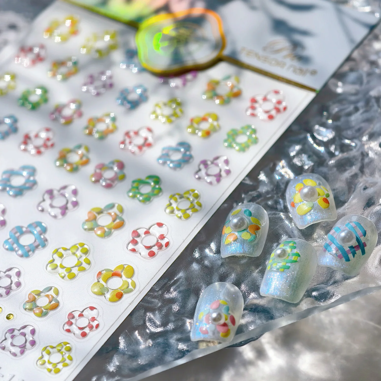 젤리 속이 빈 작은 꽃 진주 웨이브 도트 라인 크리에이티브 접착 네일 아트 스티커 매니큐어 데칼