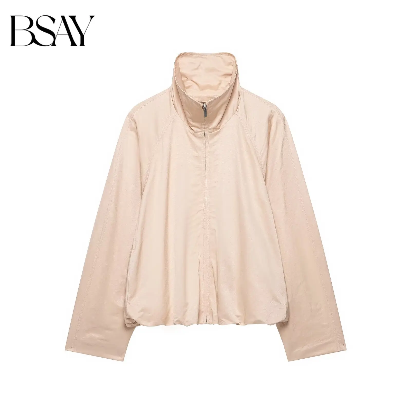 BSAY Minimalistische Damenjacke mit Stehkragen und Reißverschluss, Raglanärmeln, elastischem Saum, leicht locker geschnitten, für Büro und Freizeit.