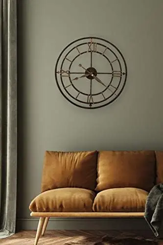Howard Miller York Station Oversized Wall Clock – Aged Iron Finish, Skeleton Design, Roman Numerals, Battery-Operated Quartz Mov