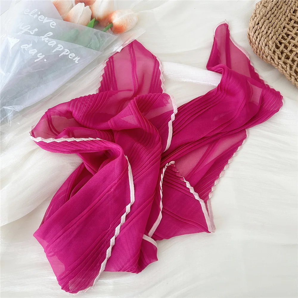 1PC 60cm Small Pleated Silk Scarf Fairy Solid Color Small Neckwear Bandana Rhombus Elegant Female Headband Summer Handkerchief