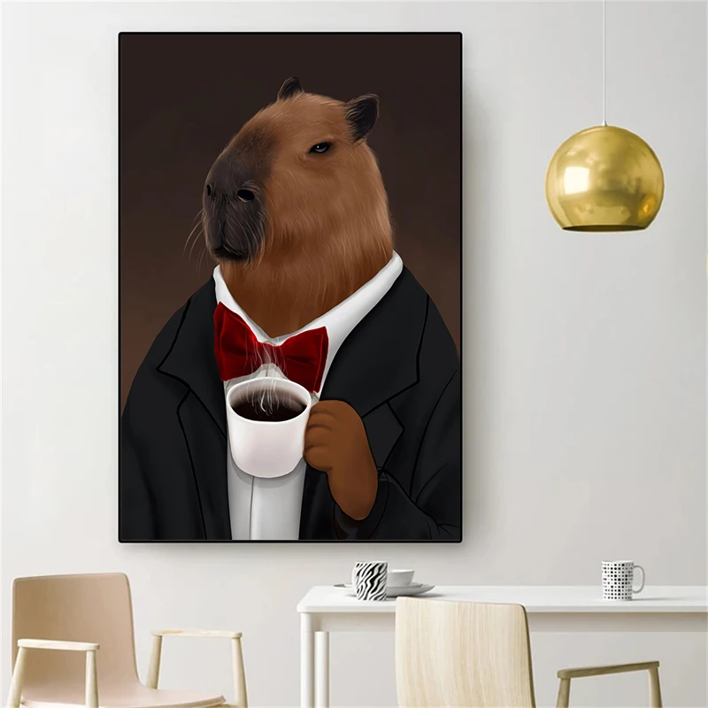 Funny Memes Capybara Duck Wear Buiness Suit Drink Coffee Posters Canvas Painting Animal Wall Art For Living Room Home Decoration