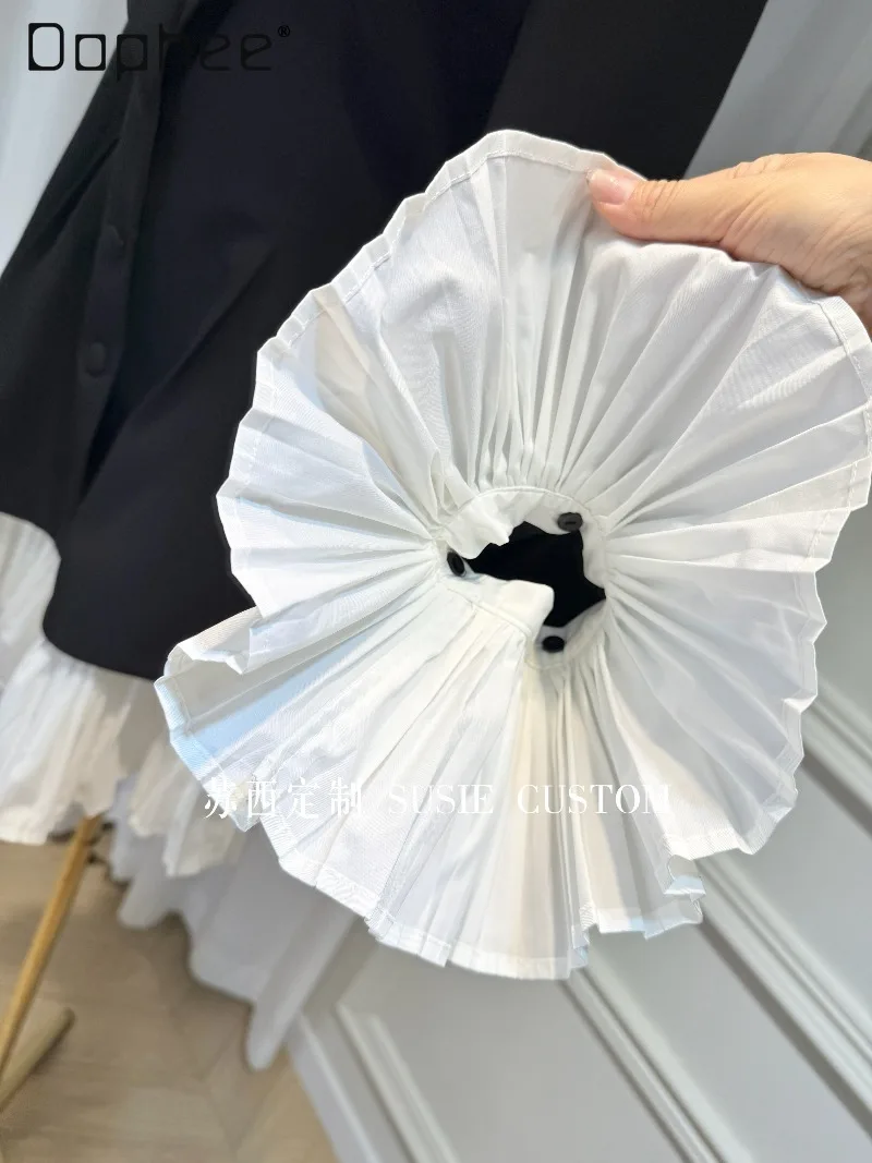 French Elegant Socialite Blazer Hepburn Style Fashion Ruffled Trim Patchwork Long Sleeve Cross Collar Slim Mid-Length Blazer