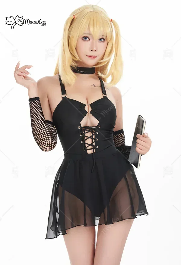 Meowcos Miss Misa Gothic Black One Piece Swimsuit With Sarong One-piece Swimwear and Tulle Skirt with Sleeves