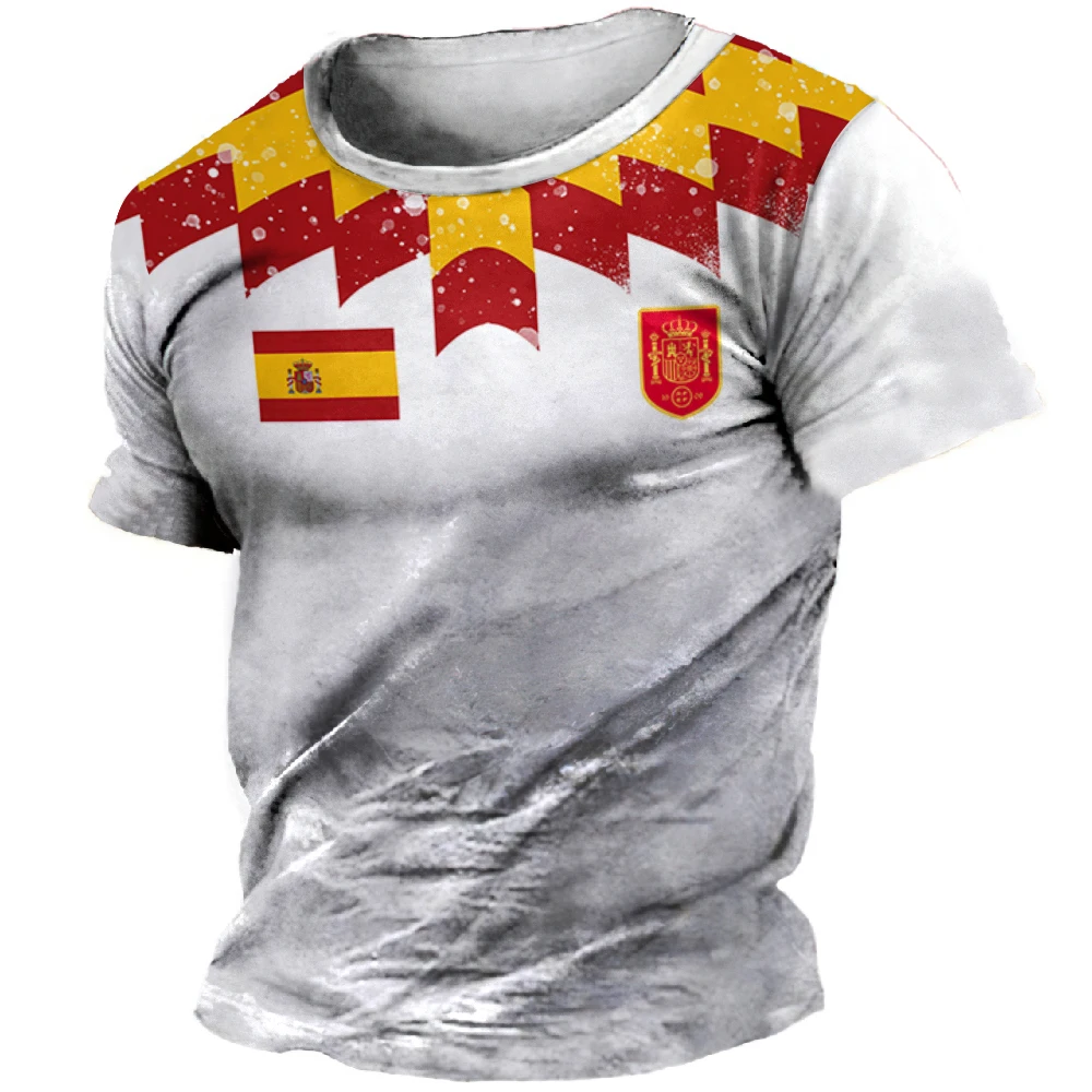 Spain Men\'s T-Shirt Summer Short Sleeve Spain National Emblem Flag 3D Print Fashion O Neck Pullover Shirt Male Oversize Clothing