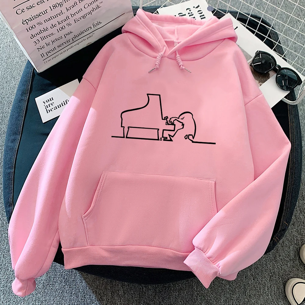 

Playing Piano La Linea Hoodies Cartoon Print The Line Osvaldo Cavandoli TV Sweatshirt Girls Graphic Clothing Women Casual Hoodie