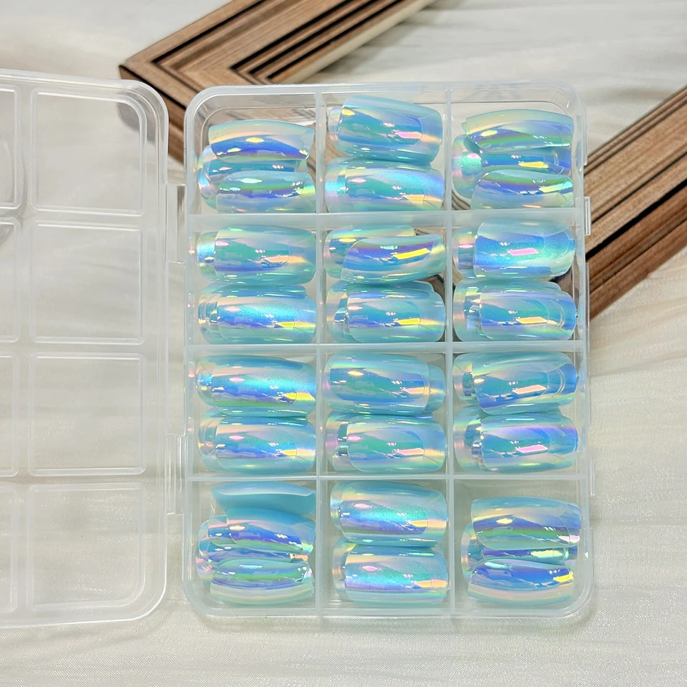 144Pcs Holographic Blue Chrome Press On Nails Iridescent Plating Medium Square Fake Nail for Women Daily Party False Nail Tips D view 3