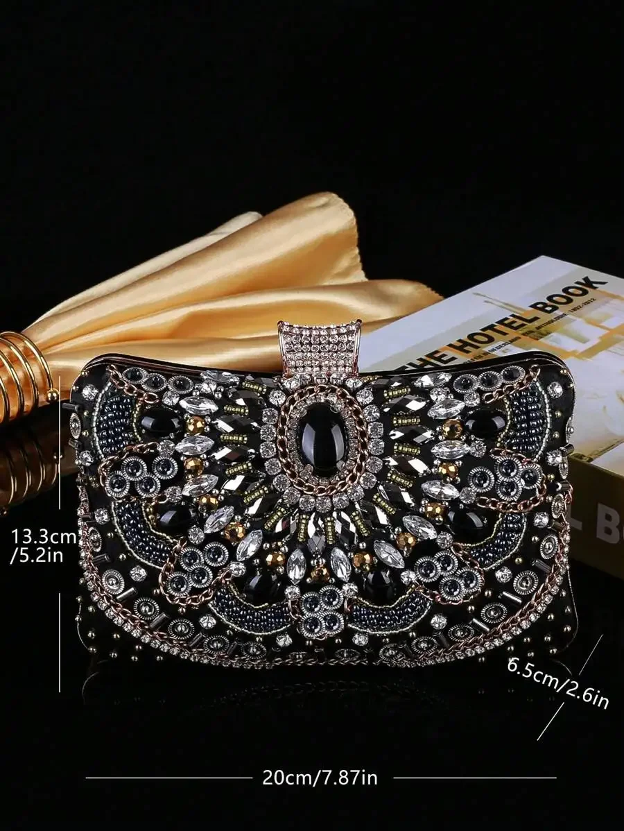 

Black Rhinestone Embroidery Floral Clutch Bag For Women Evening Party