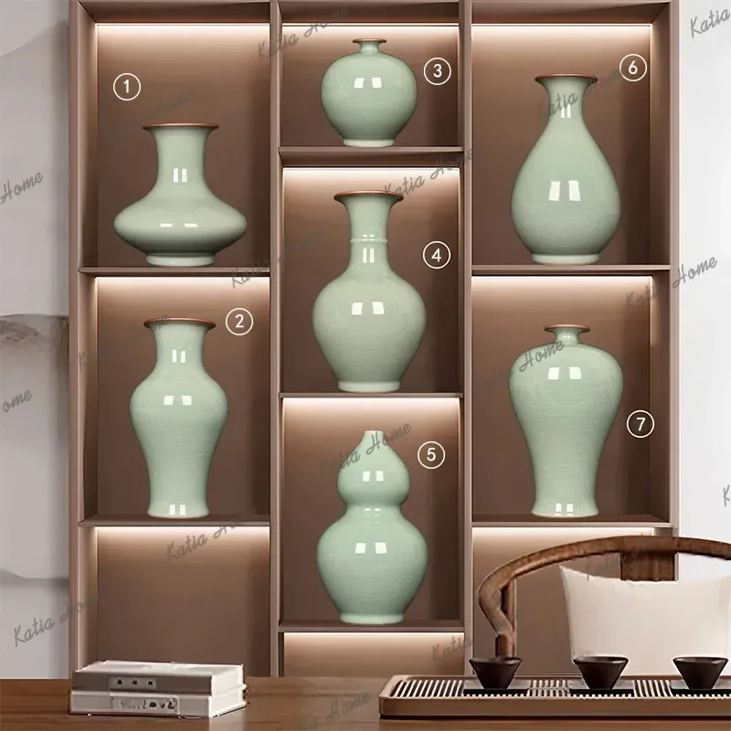 PG  Jingdezhen Ceramics Antique Official Kiln Green Glaze Opening Crack Vase Bogu Frame Living Room Entrance Office Ornament
